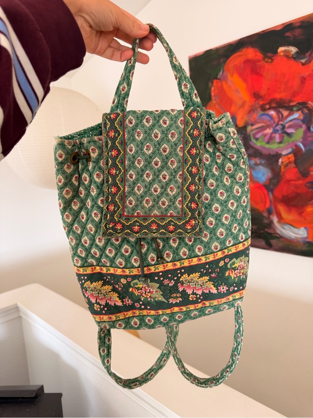 Vera Bradley Green Floral Quilted Drawstring Backpack